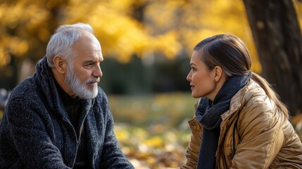 Fototapeta premium Emotional conversation between an older man and a younger woman in a serene park setting surrounded by autumn colors and fallen leaves