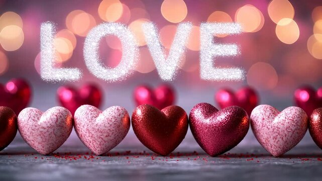 A background of pink and red hearts with bokeh lights, creating a Valentine's Day atmosphere.