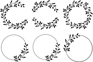 Set of circular shapes adorned with foliage and leaf frames for invitations, holiday decorations, logos, and elegant designs.