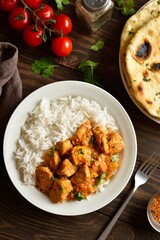 Butter chicken with basmati rice on plate on wooden background
