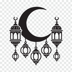 Beautiful crescent and lamps for ramadan and eid decoration on transparent background