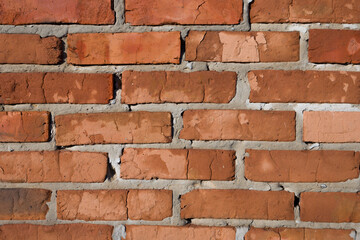 Close-up of a weathered brick wall texture.  Red bricks and grey mortar create a rustic look.