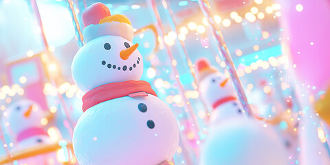 Delightful holiday scene with glowing snowmen spinning in a pastel pink wonderland