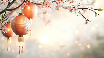 Obraz premium Chinese New Year fills the air with a festive mood vibrant lanterns fireworks and joy celebrating heritage with red envelopes. Festive Lanterns and Blossoms Welcoming New Year Joy