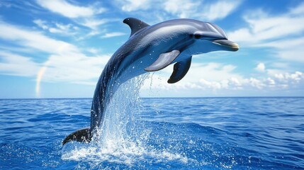 Fototapeta premium Dolphin leaping from ocean, rainbow in background.