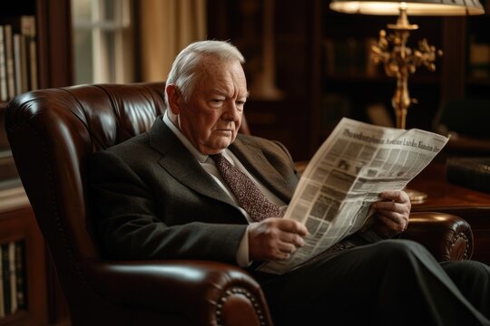 An elderly gentleman in a leather armchair reads a newspaper in a dimly lit study.