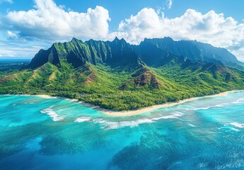 Breathtaking Aerial View of Lush Green Mountain Range Overlooking Crystal Clear Tropical Waters and Sandy Beaches in Paradise
