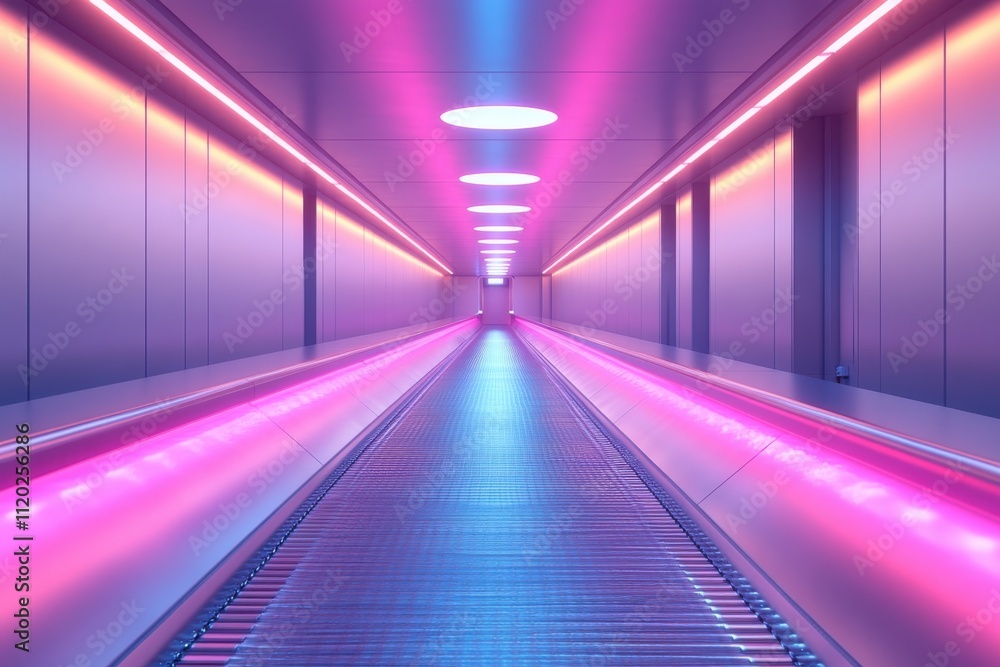 Poster a futuristic corridor illuminated with vibrant neon lights creating a dynamic atmosphere.
