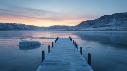 Obraz premium Serene winter sunrise over a frozen lake with a wooden dock extending towards the mountains.