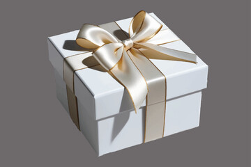  white gift box with gold ribbon isolated on transparent background cutout
