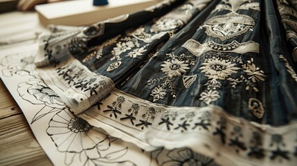  A close-up of intricate embroidery designs drawn on paper
