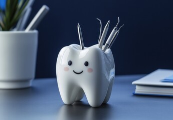 Cute Tooth-Shaped Pen Holder with Happy Face Featuring Dental Tools Perfect for Office Desk Decor and Encouraging Oral Hygiene Awareness in Playful Design