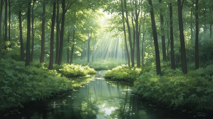 Fototapeta premium A tranquil forest with sunlight streaming through lush green foliage, soft reflections on a meandering brook, hyper-realistic watercolor, serene and rejuvenating tones