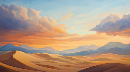 Fototapeta premium A windswept desert landscape, golden dunes under a dramatic sky with shades of indigo and orange, watercolor realism, capturing the essence of solitude and vastness