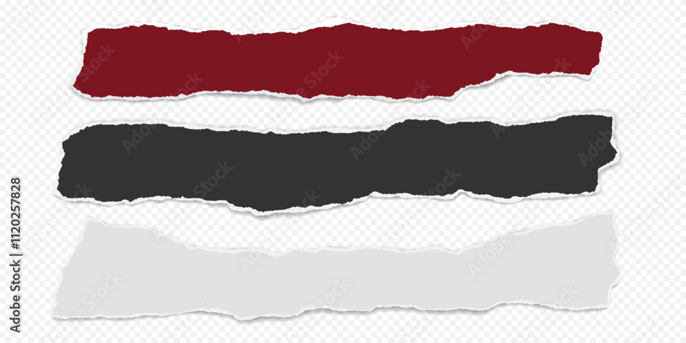 Poster red, black and white pieces of paper with torn edges and soft shadow are on transparent background f