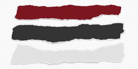 Red, black and white pieces of paper with torn edges and soft shadow are on transparent background for text or ad.