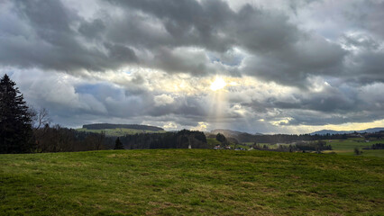 Obraz premium sky, clouds, nature, landscape, field, grass, weather, forest, green, thunderstorm, mountain, cloudscape, cloudy, trees, meadow