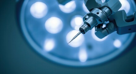 Close-up of surgical robot arm operating lights