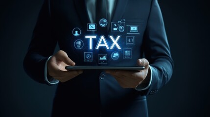 A realistic businessman in a suit holding a tablet with the word "TAX" and icons representing growth and finance, a concept for online business.