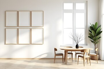 modern interior, minimalist design, neutral colors, bright room, natural light, wooden flooring, herringbone pattern, picture frames, dining area, indoor plant, cozy decor, contemporary style