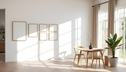 Fototapeta premium modern interior, minimalist design, neutral colors, bright room, natural light, wooden flooring, herringbone pattern, picture frames, dining area, indoor plant, cozy decor, contemporary style