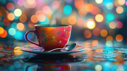 A colorful cup of steaming beverage on a reflective surface with a vibrant bokeh background.