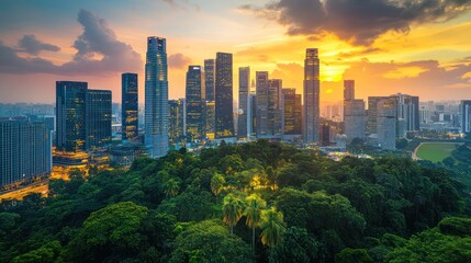 Obraz premium Modern City Skyline at Sunset Overlooking Lush Greenery