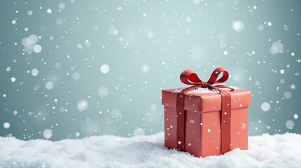 Red Christmas Gift Box on Snowy Landscape with Falling Snowflakes for Holiday Season.