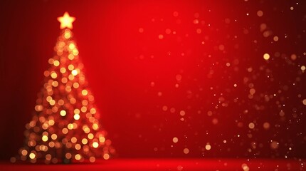 Christmas Tree with Sparkling Bokeh Lights on Red Background for Festive Holiday Vibes.