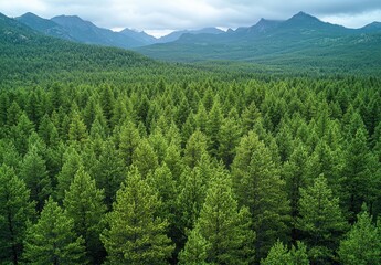 Fototapeta premium Lush Green Pine Forest with Mountain Landscape Under Overcast Sky, Aerial View of Verdant Nature Scene Showcasing Flora and Terrain in Natural Environment