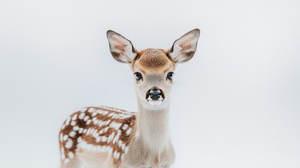 Fototapeta premium A charming fawn with distinctive spots gazes curiously, showcasing its delicate features against a soft, muted background.