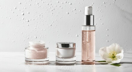 Serene skincare relaxation with dewy flower moisturizing bottles