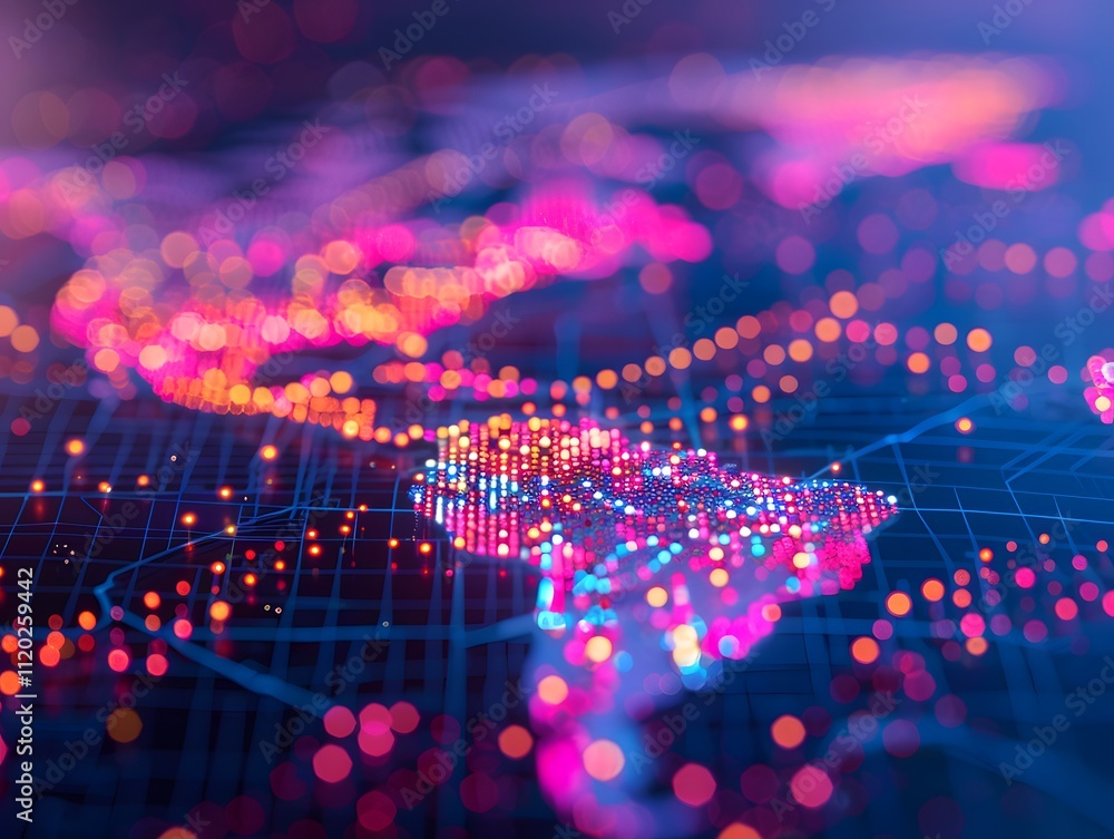 Aufkleber Vibrant Abstract Digital Map with Colorful Data Points Representing Global Connectivity and Network Communication Trends Over a Dark Background