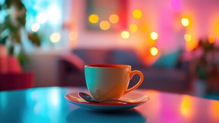 Fototapeta premium A cozy cup of coffee on a table with a blurred, colorful background.