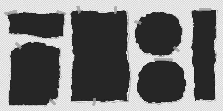Set of torn black note paper pieces with sticky tape are on transparent background for text, notes or ad.