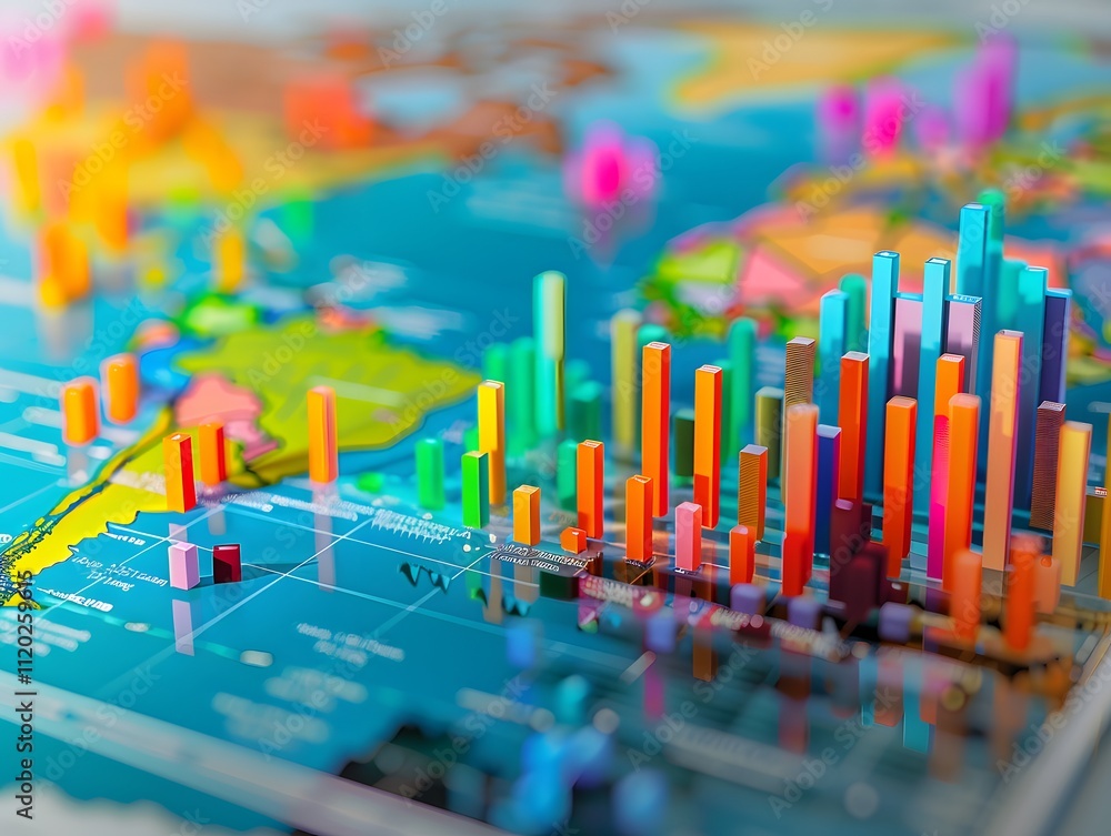 Poster Colorful 3D Bar Graphs Showcasing Global Statistical Data Representations on a Detailed World Map with Geographic Features and Vibrant Visualization Techniques