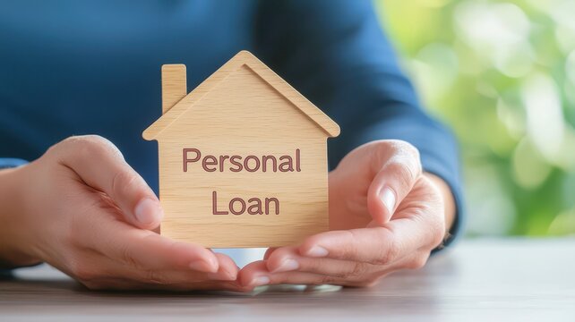 A wooden house model labeled "Personal Loan" held by hands, symbolizing financial services and home loans in a personal finance context.