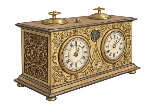 antique chess clock with brass details engraving color sketch illustration