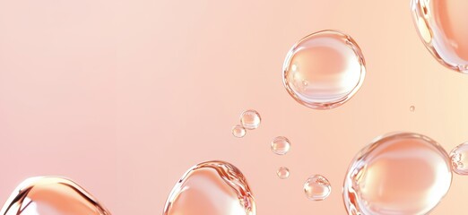Water droplets on soft gradient background, translucent bubbles floating, gentle light reflections, soothing colors, copy space for text