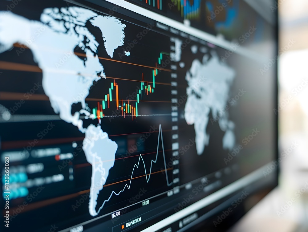 Poster detailed financial market analysis dashboard displaying global trading trends with graphs and data v