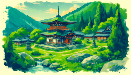Fototapeta premium story book illustration of cute little monastery