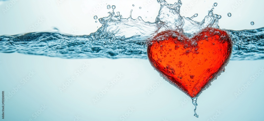 Poster red heart submerged in water, splashes and bubbles create dynamic effect, symbolizing love and emoti