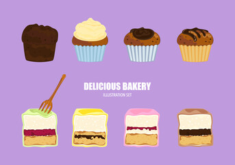 Baking illustration set. Baking, bakery, cooking, sweet products, dessert, pastries concept. Vector illustrations are isolated on a white background for posters, banners, cards, and advertisements.