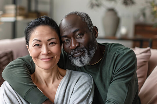 Multiracial Mature Couple Smiling and Hugging at Home, Embracing Love and Expressing Affection, Family Belonging, Mixed Race Love, Interracial Diversity Marriage. - Powered by Adobe