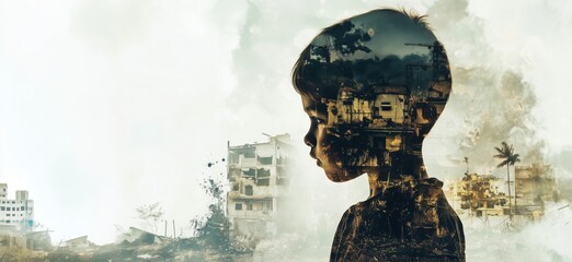 Child silhouette amidst destruction, representing loss and resilience. Image depicts a young boy's profile overlaid with war-torn buildings and debris., copy space for text