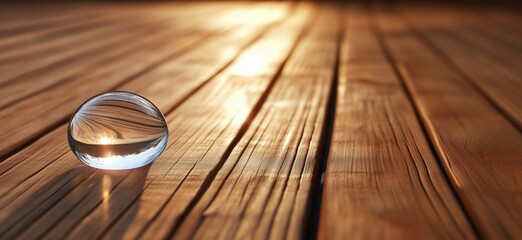 Glass sphere on wooden surface, reflecting light and textures, creating a serene atmosphere, copy space for text
