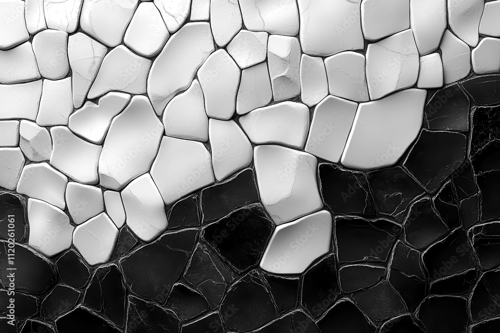 Poster abstract black and white mosaic pattern with irregular shapes.