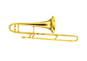 Obraz premium Watercolor classical shiny trombone illustration clip art. Hand painted musical golden metallic instrument. Side view. Element for orchestra greeting card, children music lesson design, stickers.