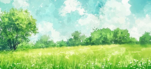 Obraz premium Lush green landscape with trees and blue sky, vibrant grass and flowers, serene nature scene, copy space for text