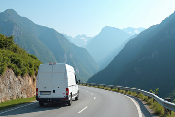 Scenic Road Journey with Delivery Van Through Majestic Mountain Landscape on a Sunny Day with Clear Blue Sky and Lush Greenery
